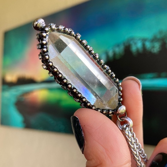 Natural Crystal quartz black electroplated boho goth stainless steel necklace - Picture 3 of 14